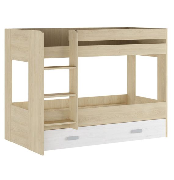 Litera con Cajonera en Blanco y Natural - 95.6 cm (Largo) x 195.4 cm (Ancho) x 146.6 cm (Alto)
