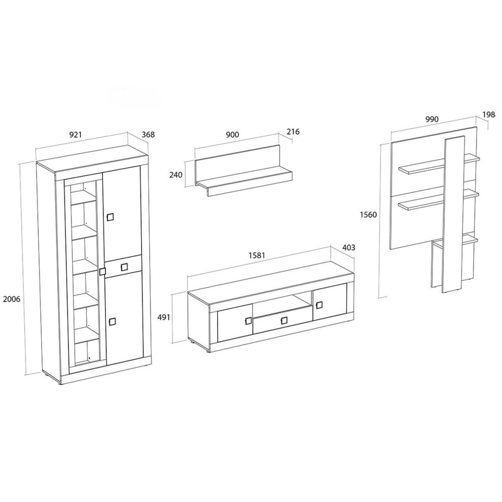 Mueble de Salón Moderno con Leds, Acabado en Andersen Pino -Gris, 40 cm (Fon), 300x200 cm